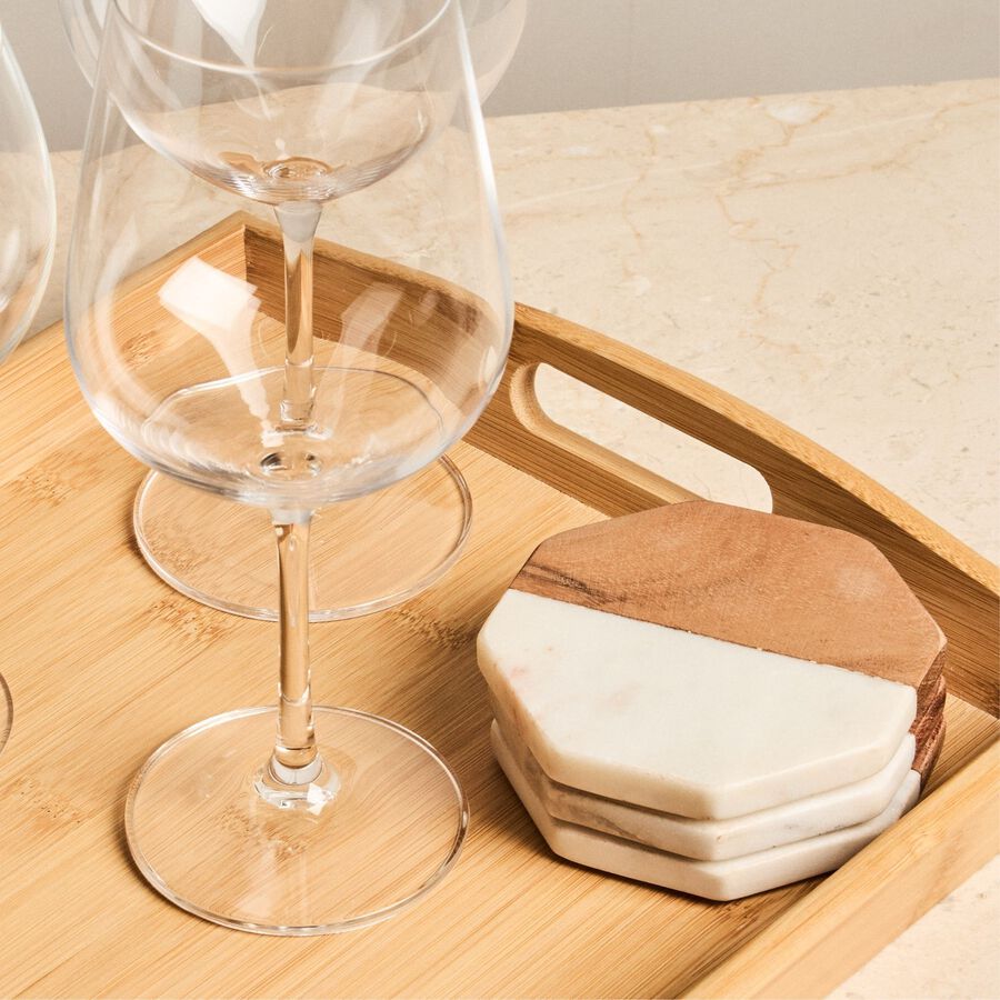 Set de 4 posavasos de m&aacute;rmol con estuche de madera &Oslash;10cm