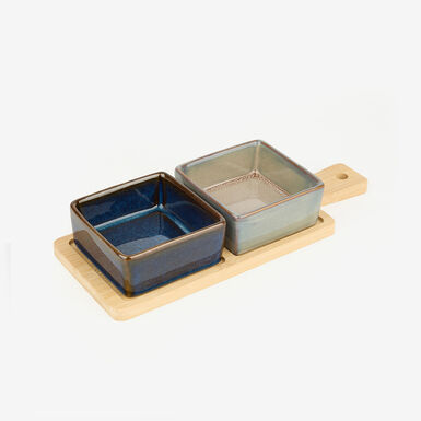 Set de 2 cuencos de cerámica de colores con bandeja de madera