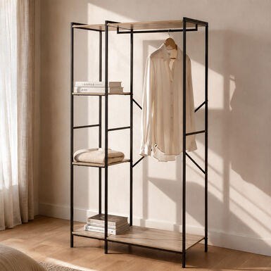 Estanter&iacute;a con perchero de acero y madera MDF Bruno 90x40x165cm