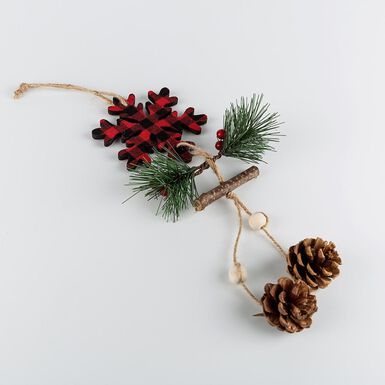 Adorno colgante de madera Copo de nieve con piñas 35cm