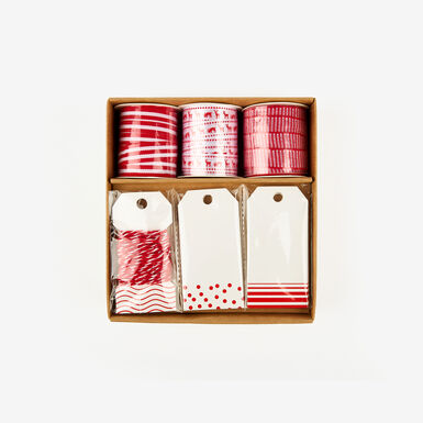 Set de cintas y etiquetas para regalo rojo y blanco