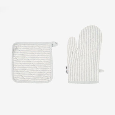 Set de manopla y agarradera de algodón con rayas grises