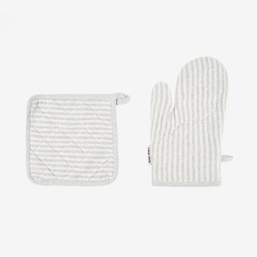 Set de manopla y agarradera de algodón con rayas grises