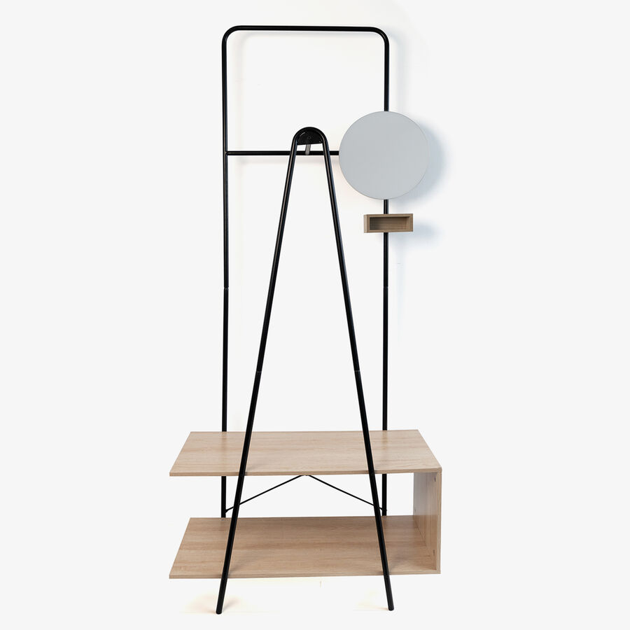 Perchero de pie con espejo y estantes negro de acero y MDF 76x40x180cm