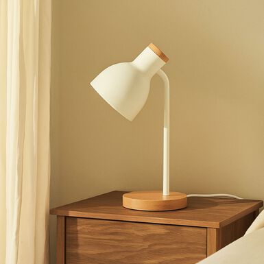 L&aacute;mpara de mesa blanca de metal y madera Flexo &Oslash;14x36cm