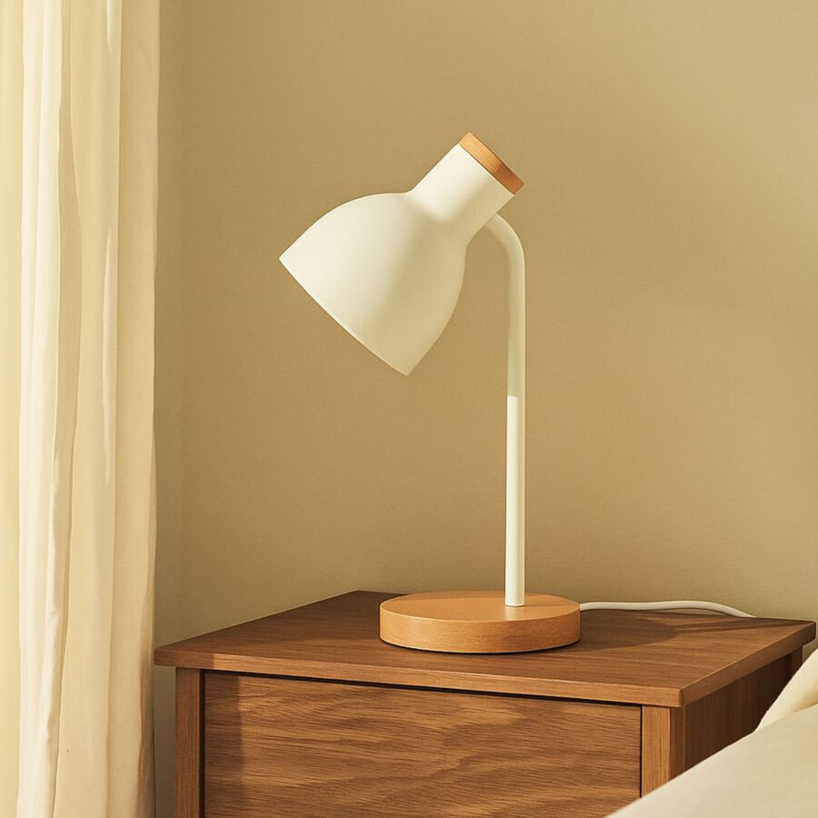 L&aacute;mpara de mesa blanca de metal y madera Flexo &Oslash;14x36cm