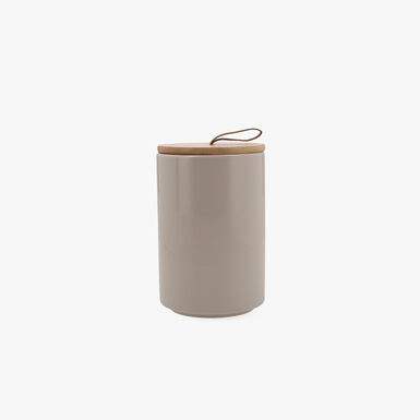 Tarro de cer&aacute;mica beige con tapa de madera 10,4x16cm