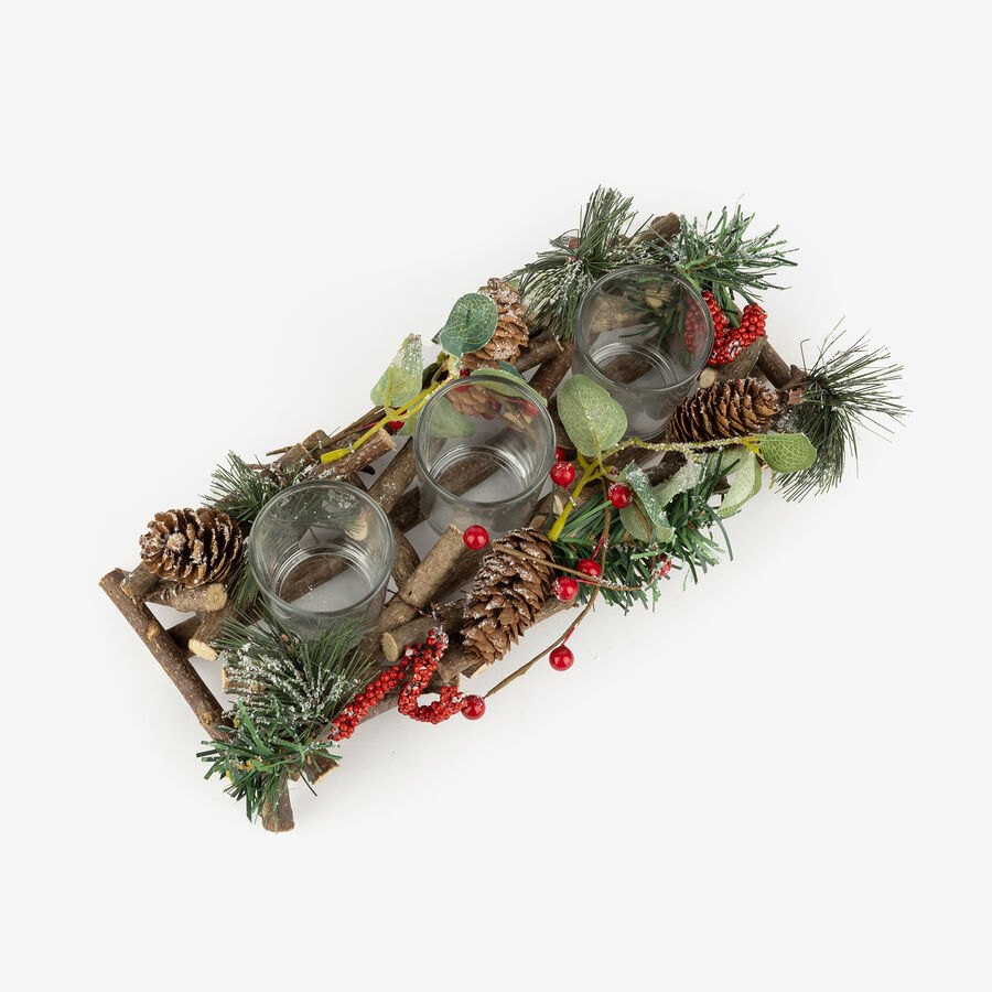 Centro de mesa con 3 portavelas bayas y piñas 29x13x8cm