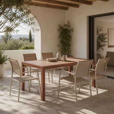 Mesa de comedor de jard&iacute;n extensible de aluminio caoba Evora 214/274x110x77cm