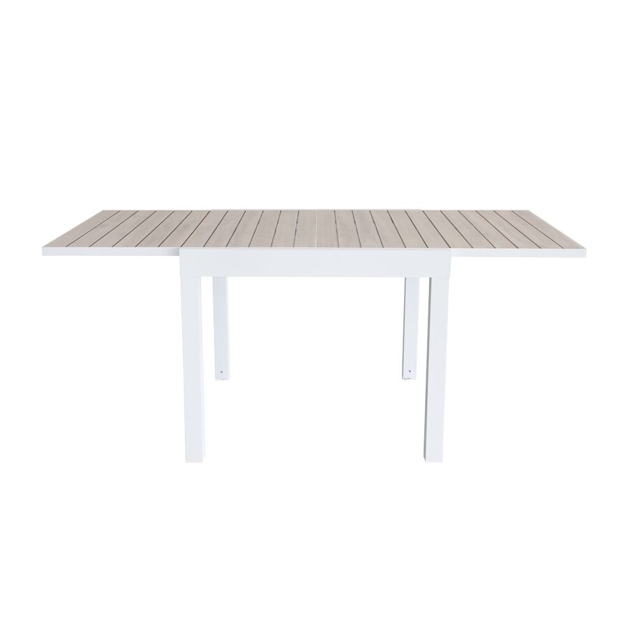 Mesa de jard&iacute;n extensible de aluminio blanco con efecto madera Albir 90/180x90x76cm