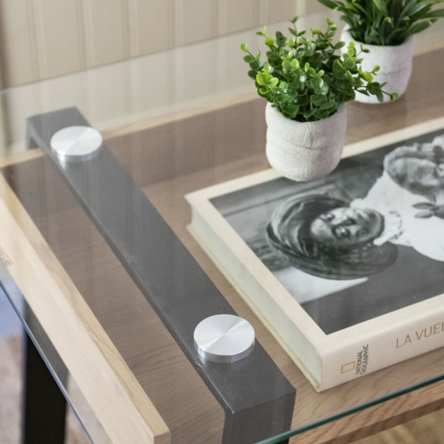 Escritorio de cristal y madera con base de metal Olav 120x60x75cm