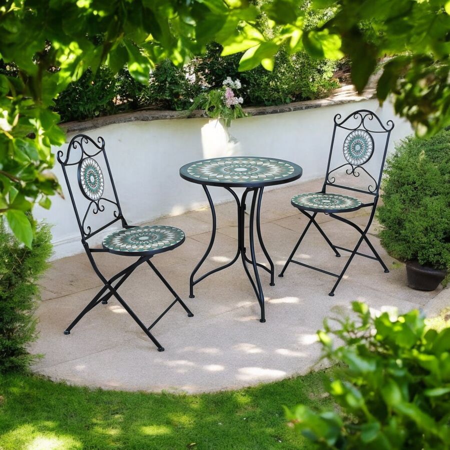 Set de jard&iacute;n de mesa y 2 sillas de metal y cer&aacute;mica Mosaico Green &Oslash;60cm