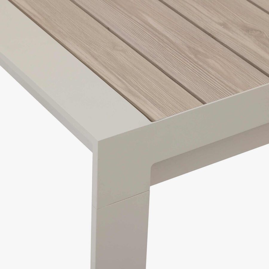 Mesa de comedor de jard&iacute;n extensible de aluminio efecto madera lino Evora 142x90x77cm