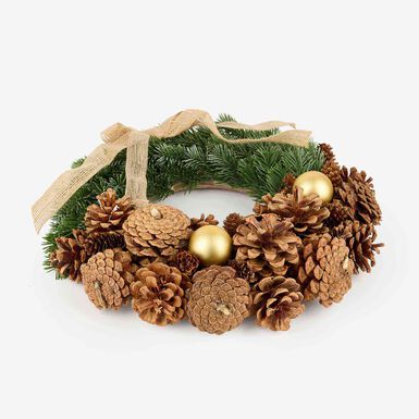 Corona decorativa con piñas y lazo dorado Ø34cm