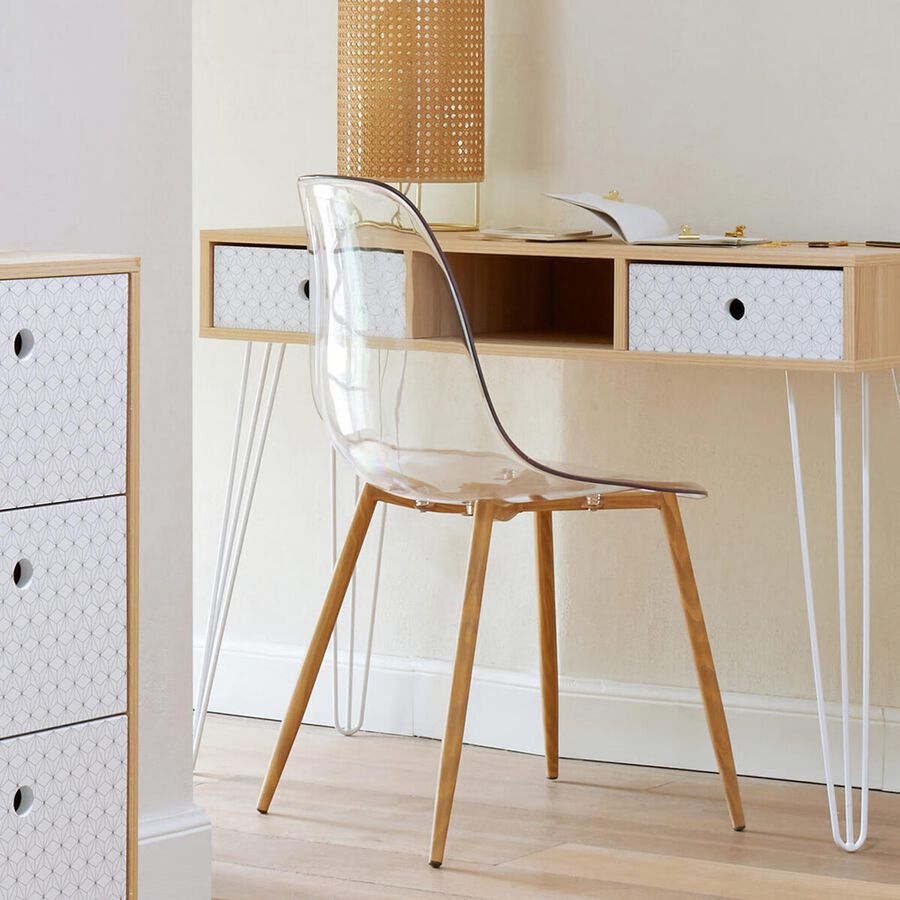 Silla de comedor transparente con patas de metal efecto madera Orel