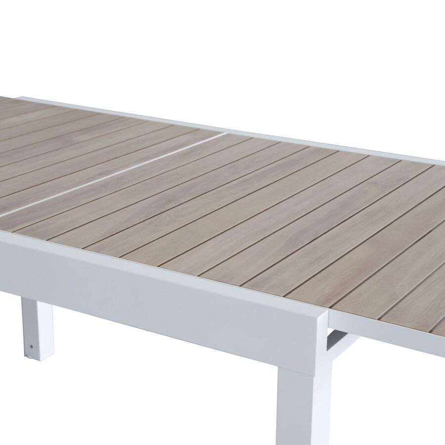 Mesa de jardín extensible de aluminio blanco con efecto madera Albir 135/270x90x76cm