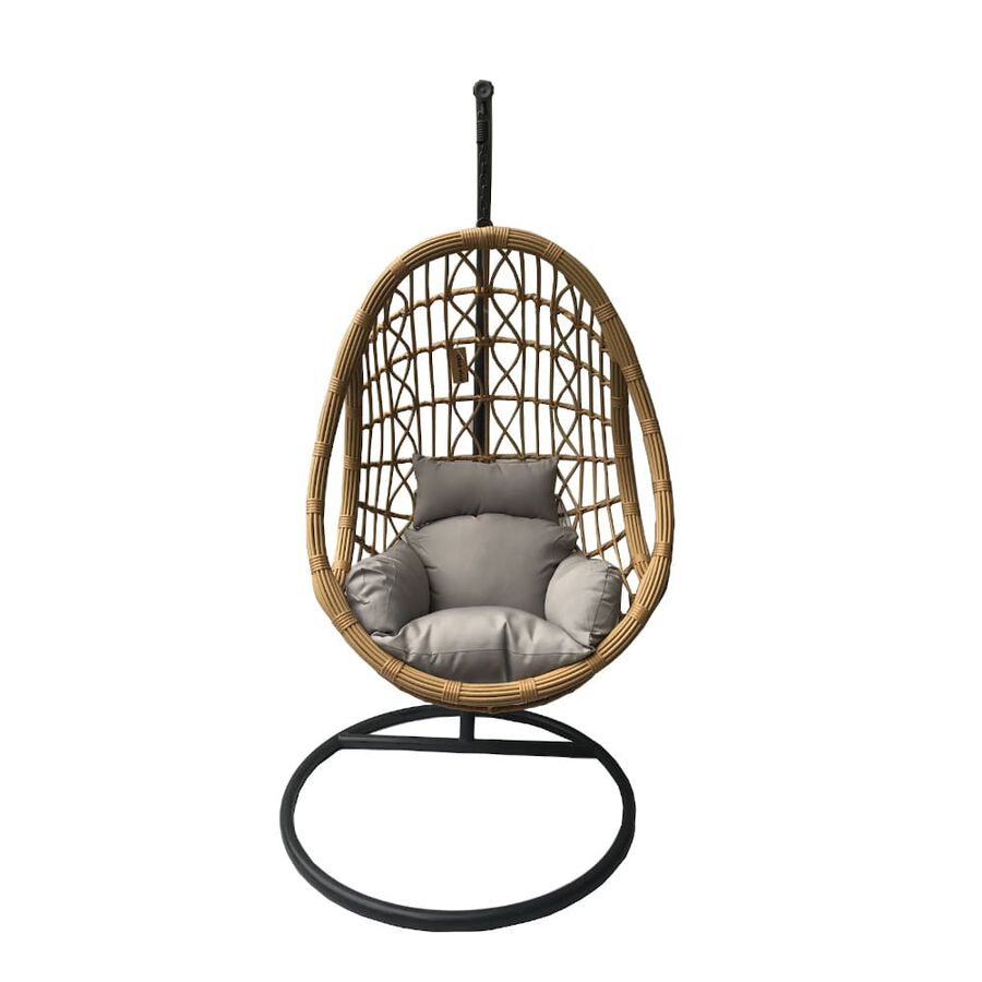 Sill&oacute;n colgante de rat&aacute;n sint&eacute;tico marr&oacute;n con coj&iacute;n gris Veran 105x105x195cm