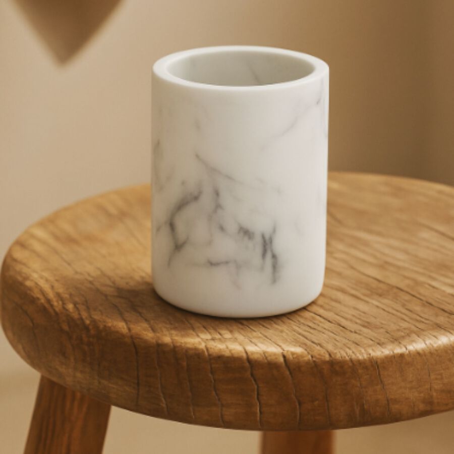 Vaso portacepillos efecto mármol blanco Varlo Ø8x11cm