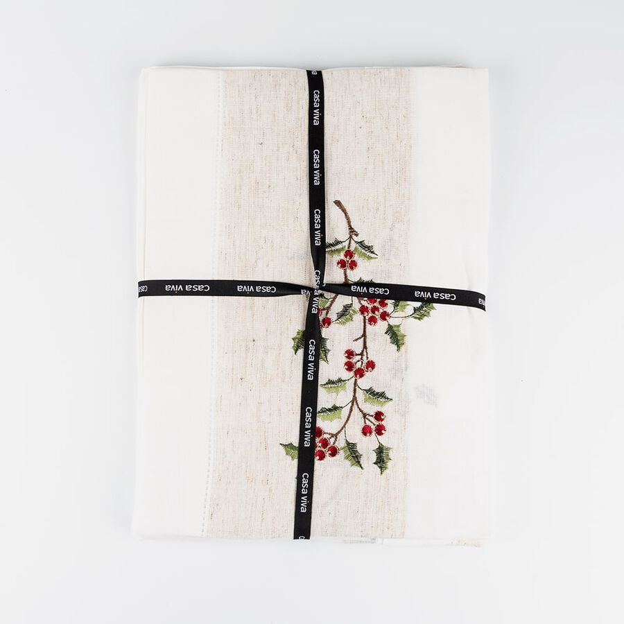Mantel de Navidad blanco bordado Mu&eacute;rdago 150x300cm