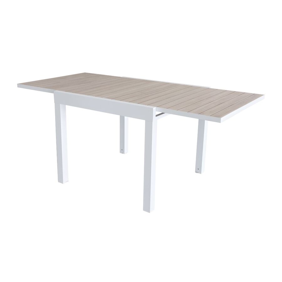 Mesa de jard&iacute;n extensible de aluminio blanco con efecto madera Albir 90/180x90x76cm