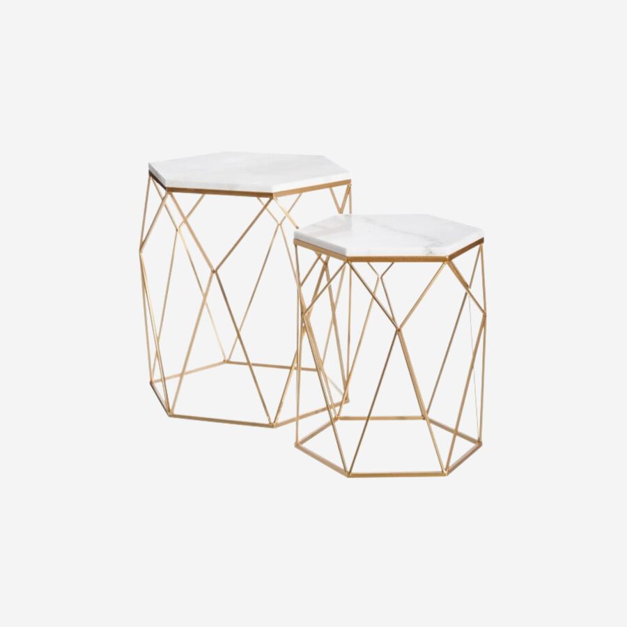 Set de 2 mesas auxiliares de m&aacute;rmol doradas &Oslash;55/45cm