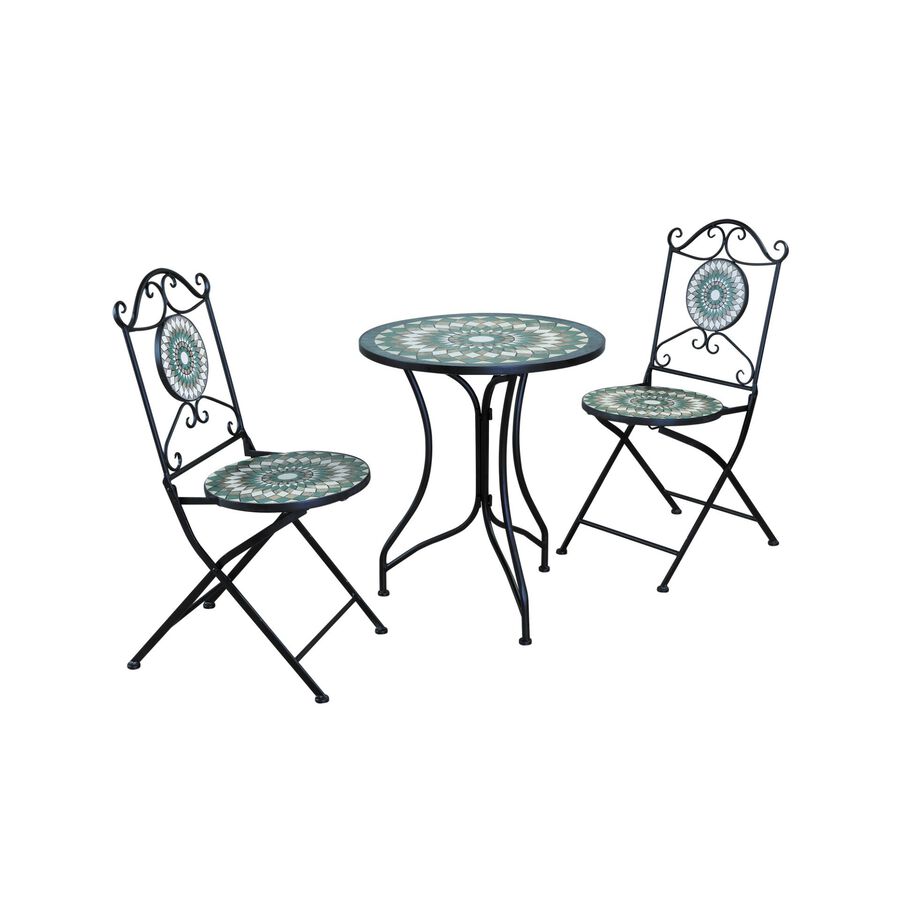 Set de jard&iacute;n de mesa y 2 sillas de metal y cer&aacute;mica Mosaico Green &Oslash;60cm