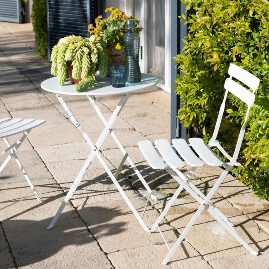 Set de jard&iacute;n plegable de mesa y 2 sillas de acero blanco Bistro