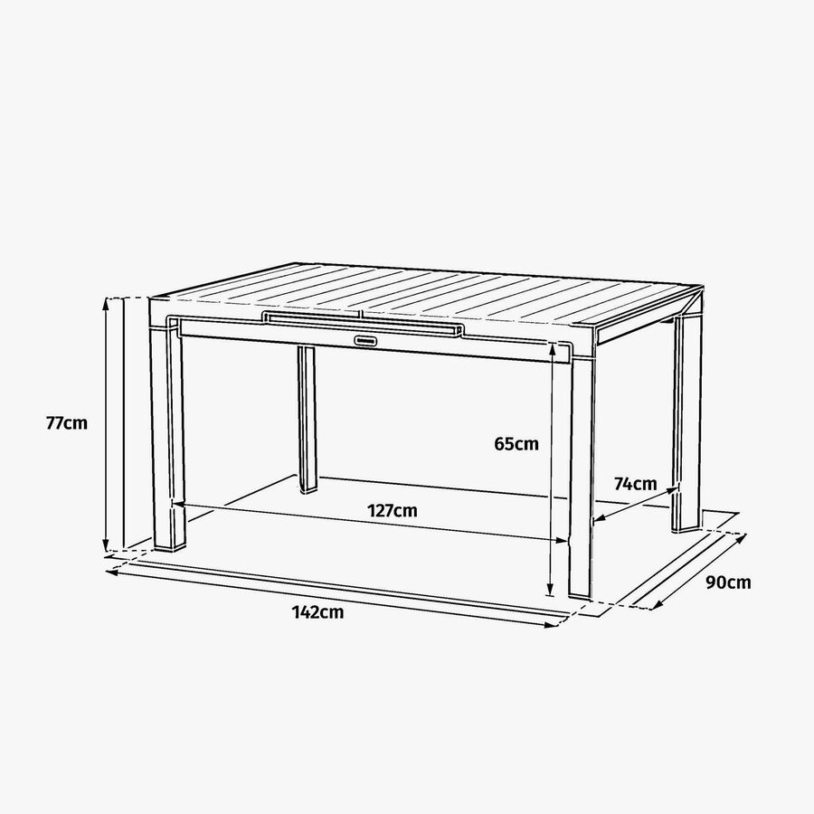 Mesa de comedor de jard&iacute;n extensible de aluminio efecto madera lino Evora 142x90x77cm