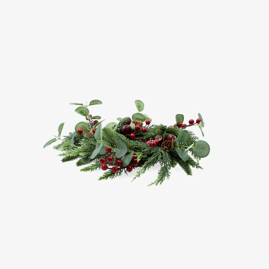 Portavelas con frutos rojos y pi&ntilde;as 30cm