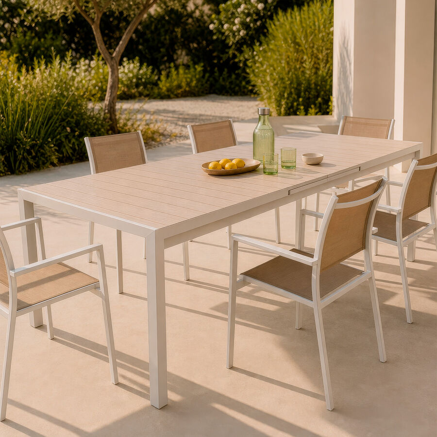Mesa de comedor de jard&iacute;n extensible de aluminio crema Evora 214/274x110x77cm
