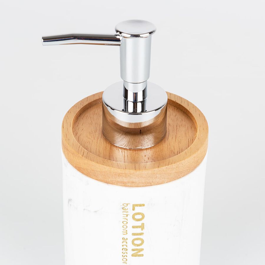 Dispensador de jab&oacute;n de ba&ntilde;o pl&aacute;stico y madera Lea &Oslash;8x19cm