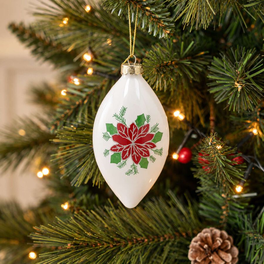 Bola de Navidad de l&aacute;grima blanca de cristal con flor de Pascua 10cm