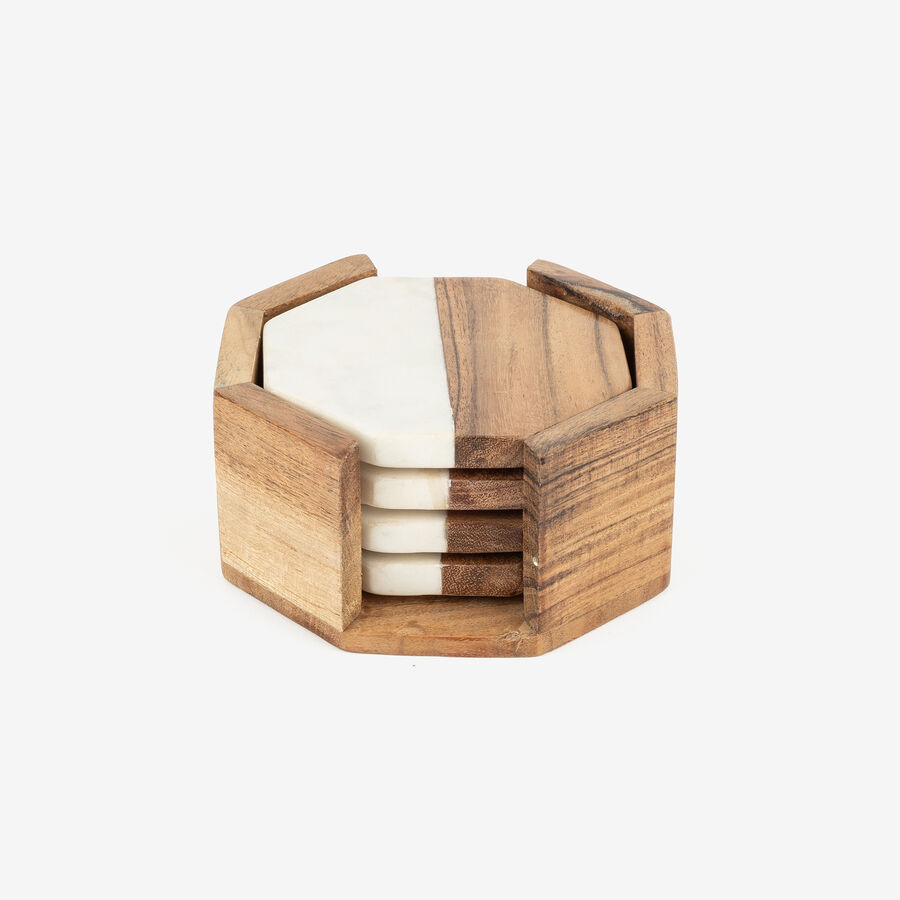 Set de 4 posavasos de m&aacute;rmol con estuche de madera &Oslash;10cm