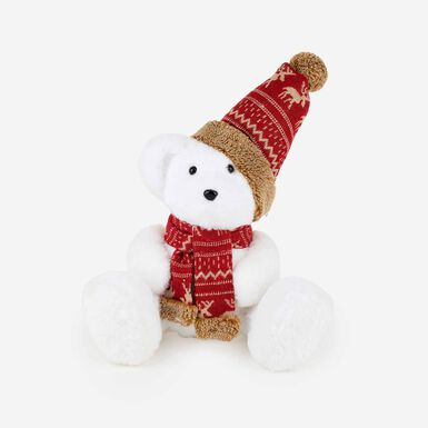 Figura decorativa de oso blanco con gorro y bufanda 27cm