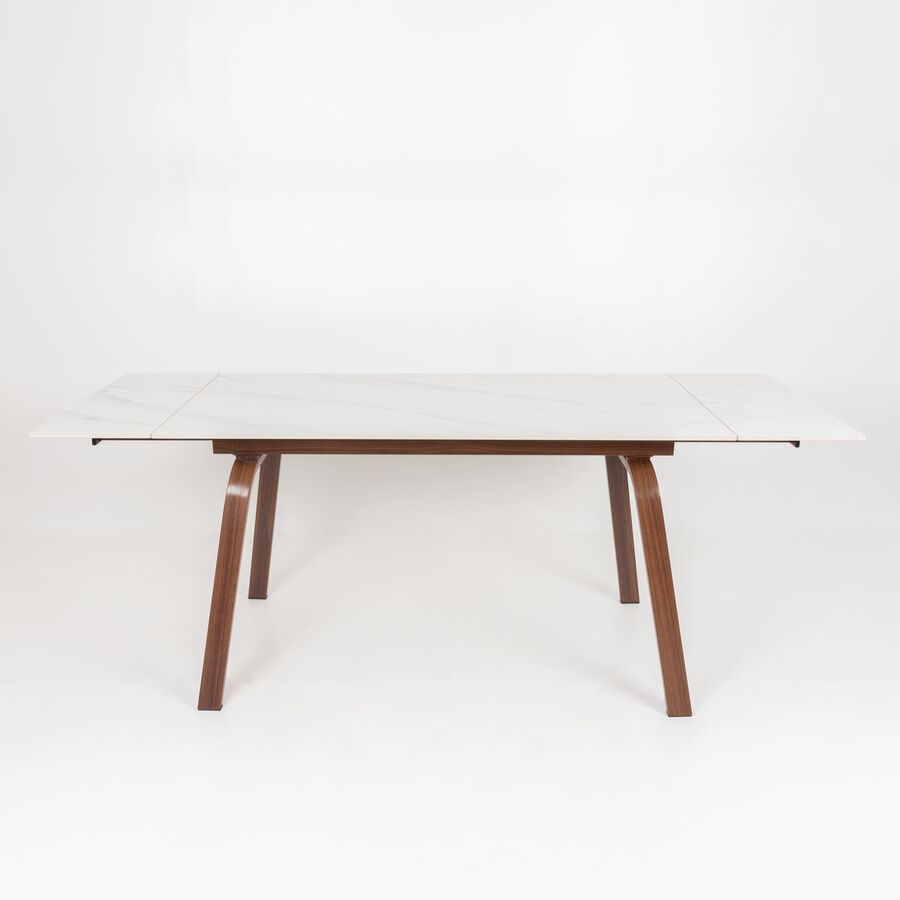Mesa extensible con sobre porcel&aacute;nico y estructura de aluminio en color madera Arlon 140/200x80cm