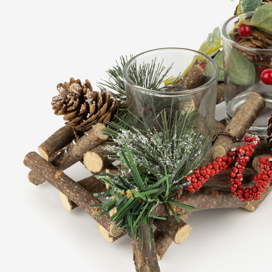 Centro de mesa con 3 portavelas bayas y piñas 29x13x8cm