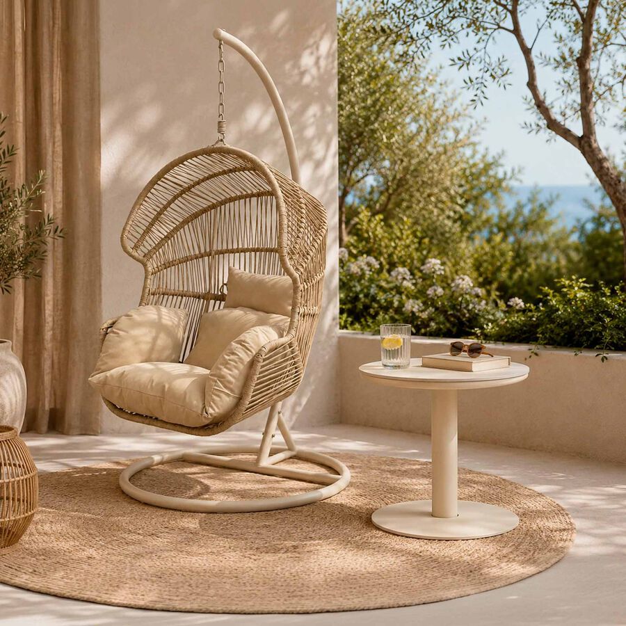 Sill&oacute;n colgante de jard&iacute;n con coj&iacute;n beige 