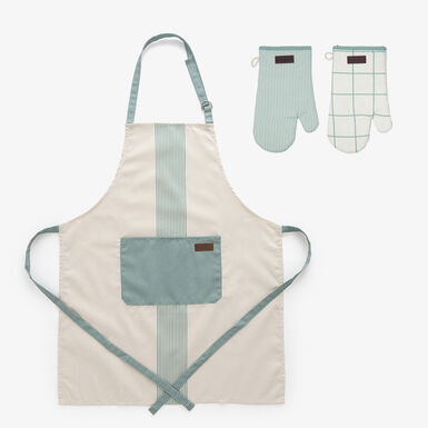 Set 3 piezas delantal y 2 manoplas verde de tejido reciclado Okapi due