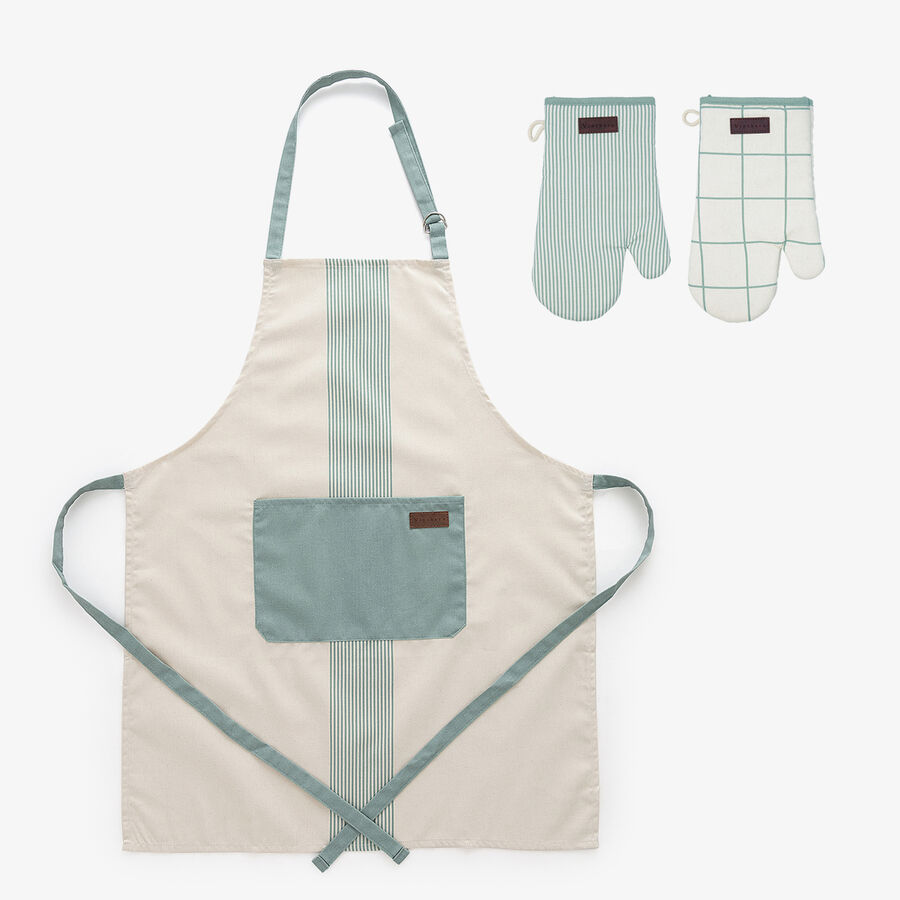Set 3 piezas delantal y 2 manoplas verde de tejido reciclado Okapi due
