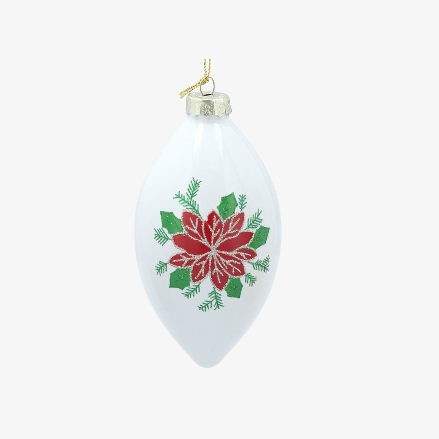 Bola de Navidad de l&aacute;grima blanca de cristal con flor de Pascua 10cm