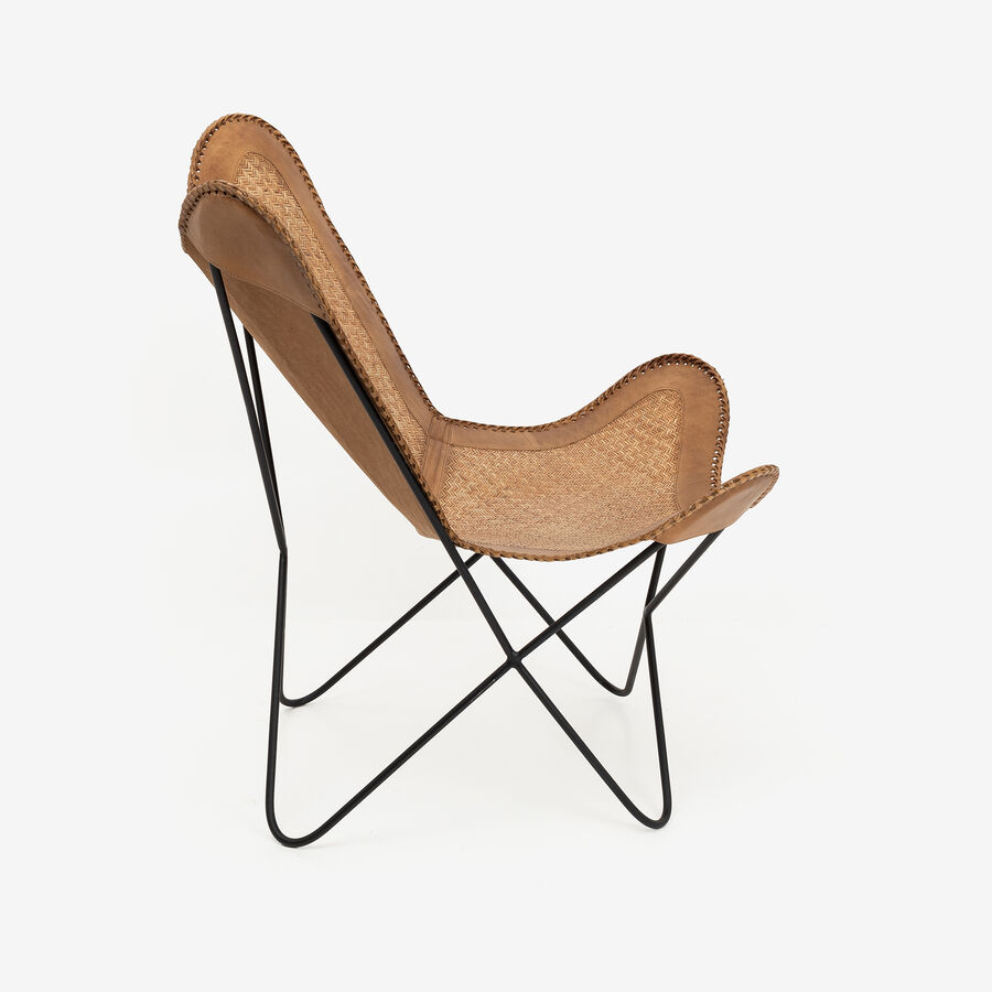 Silla mariposa de cuero y ratán marrón Katy 72x78x92cm