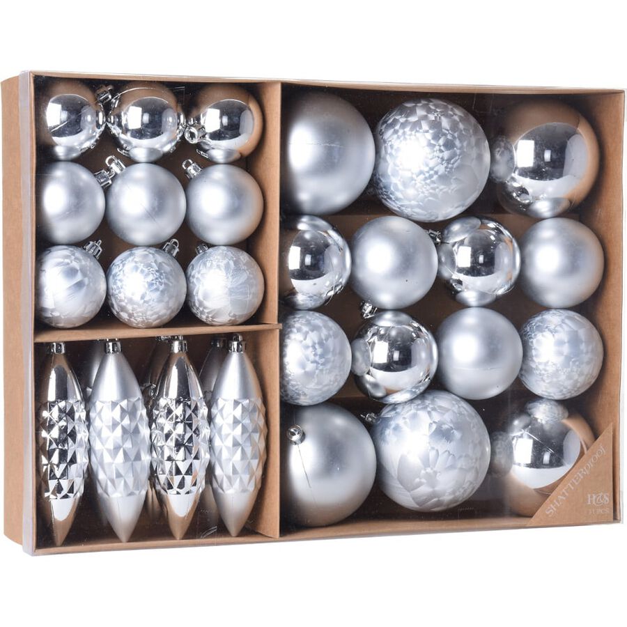 Caja de 31 bolas árbol plateadas