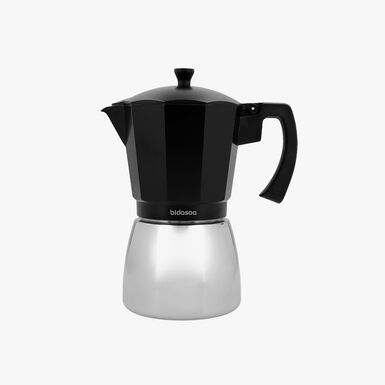Cafetera italiana de aluminio negro y acero 12 tazas