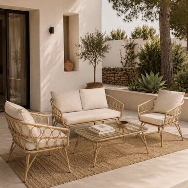 Set de jard&iacute;n 4 piezas rat&aacute;n sint&eacute;tico Creta