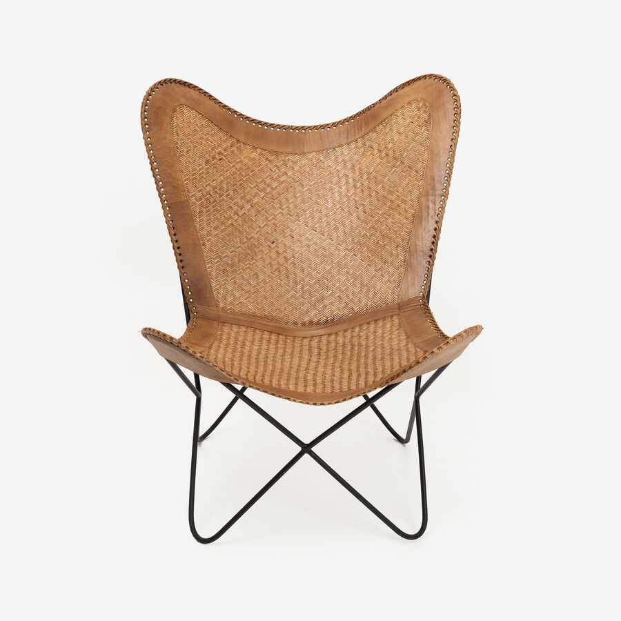 Silla mariposa de cuero y ratán marrón Katy 72x78x92cm