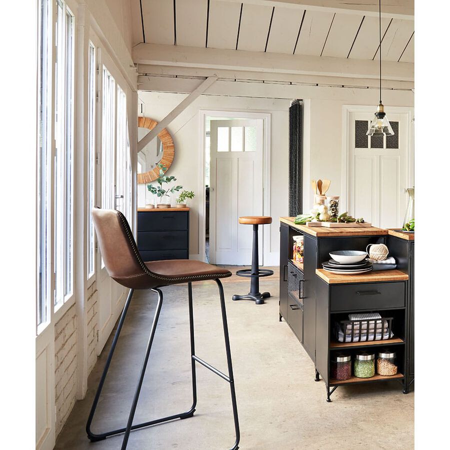 Taburete alto de cuero marrón Lois 49x50x105cm