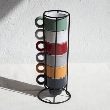 Set de 6 tazas de cer&aacute;mica con soporte Manhattan 9x30cm