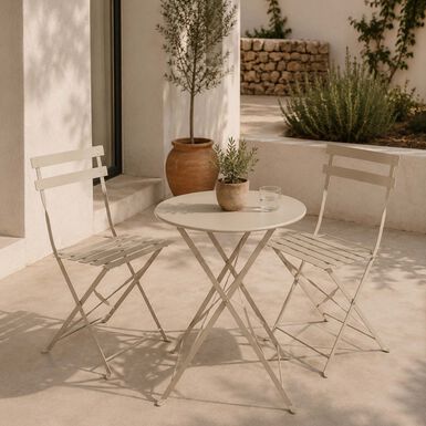 Set de jard&iacute;n de mesa y 2 sillas de acero gris claro Bistro