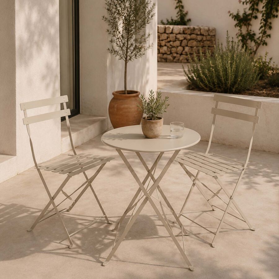 Set de jard&iacute;n de mesa y 2 sillas de acero gris claro Bistro