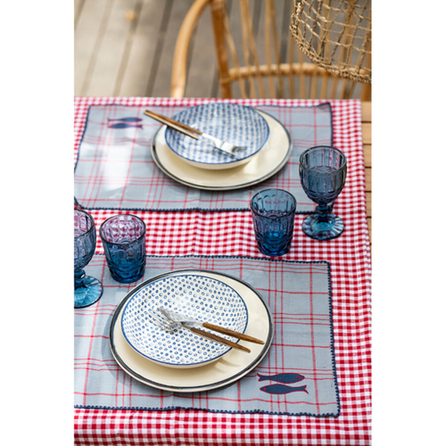 Mantel individual de algodón bordado azul pez 35x50cm